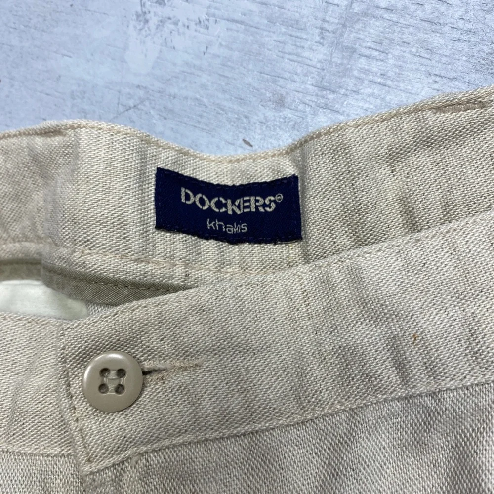 Dockers Linen Cotton Pleated Pants Mens 38x36 Beige Khaki Cuffed Summer Trousers
